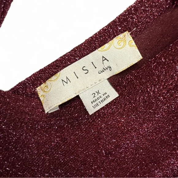 NWT Misia Curvy 2X Burgundy Metallic Sparkle Tie-Back Ruffle Sleeve Top - Picture 3 of 9